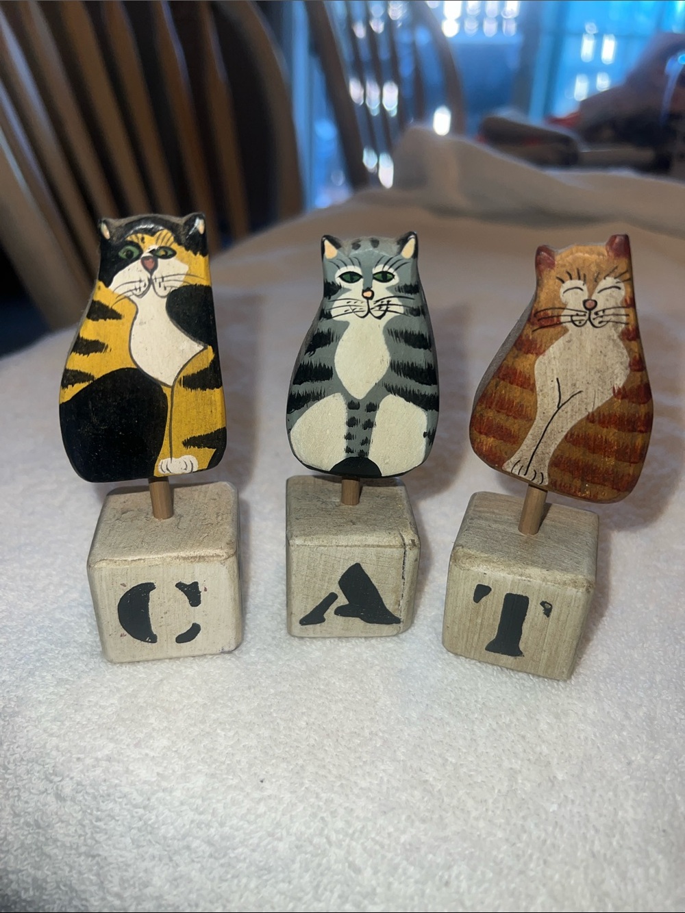 Hand-Painted Wood Cat Figurine Set - Yellow, Gray, Brown